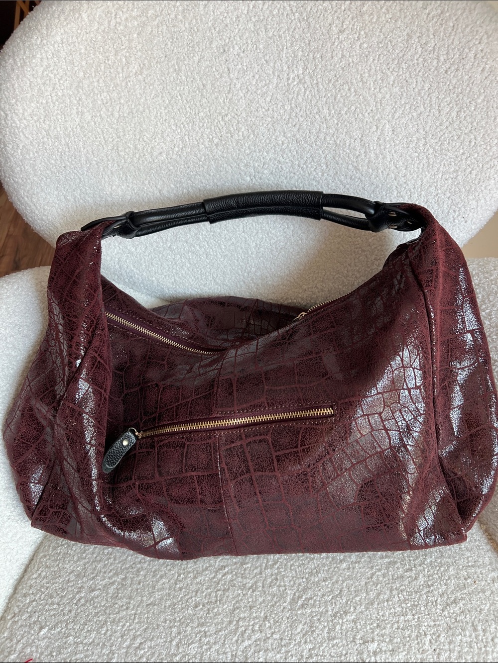 Dark Burgundy Croc-Embossed Hobo Bag with Black Handle LOLA BErnard